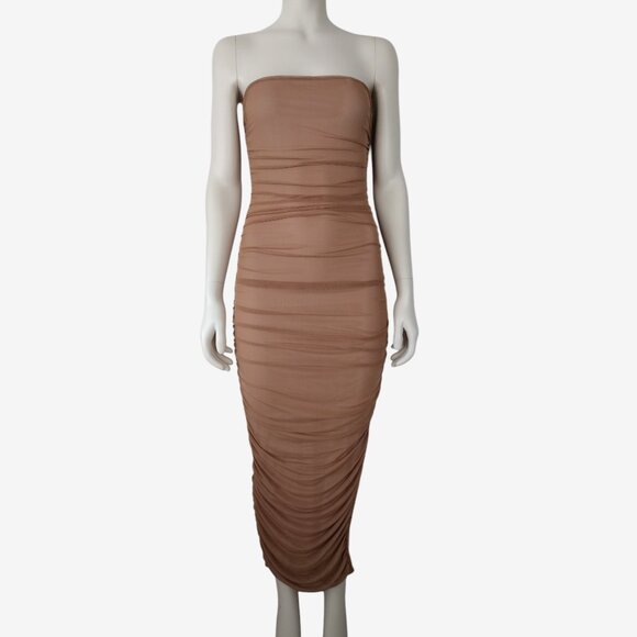 Fashion Nova Dresses & Skirts - Fashion Nova Tan Mesh Ruched Side Slit Maxi Tube Dress Size S